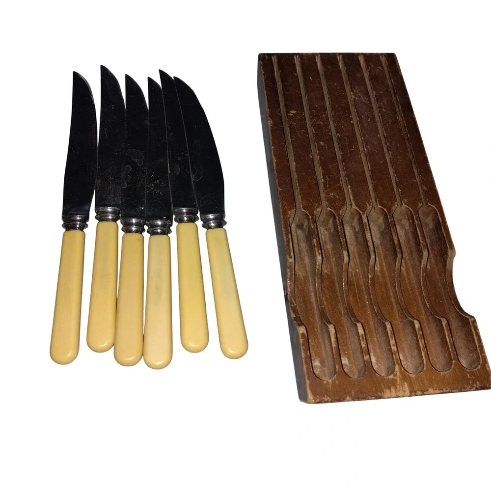 Vintage Sheffield England Steak Knife Set 6pc Stainless Steel Cream Wood Block